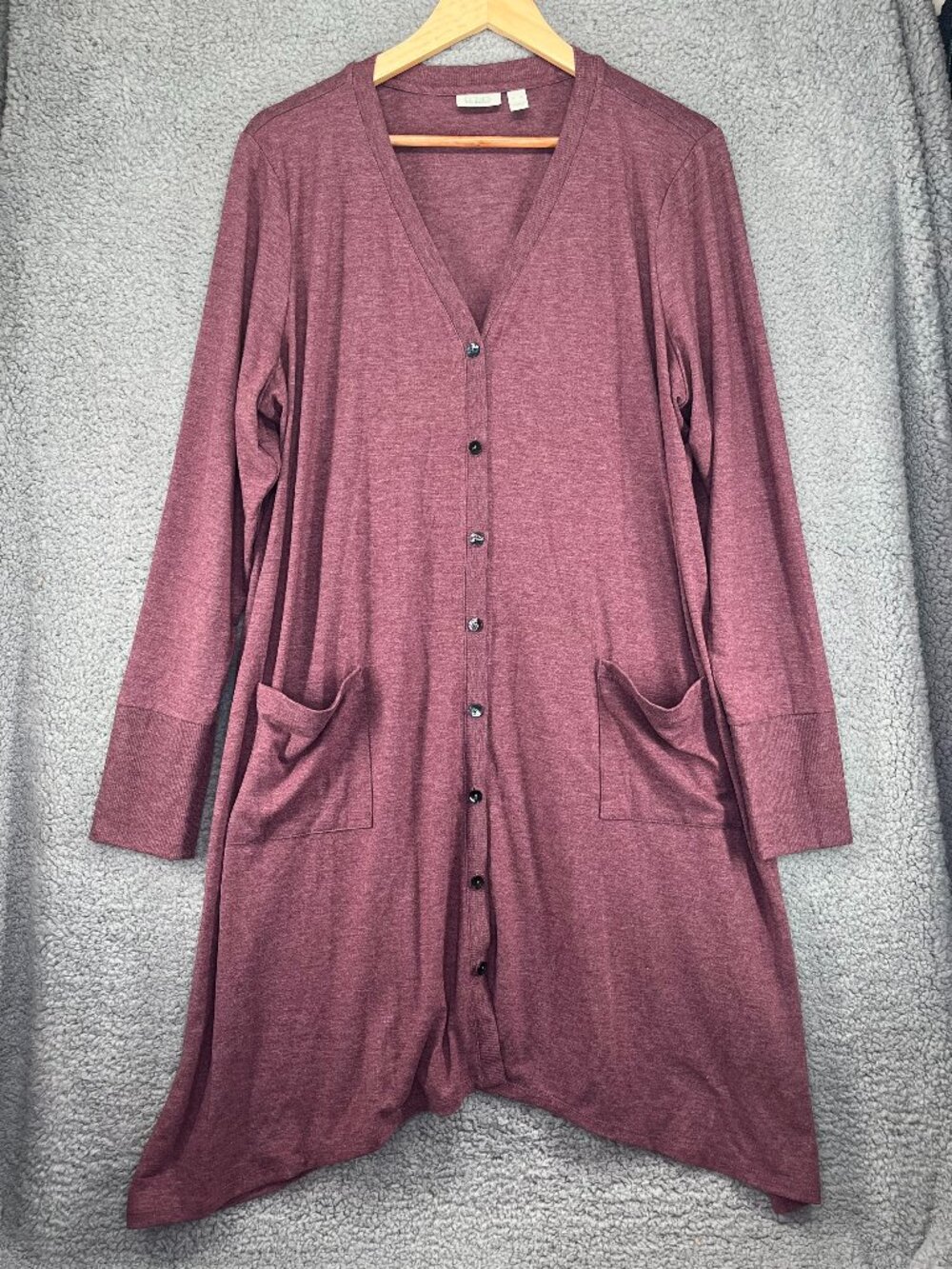 LOGO Lounge Lori Goldstein XL Burgundy Long Cardigan Sharkbite Hem Front Pockets